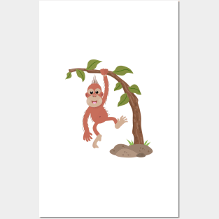 Cute happy baby orangutan cartoon illustration Posters and Art